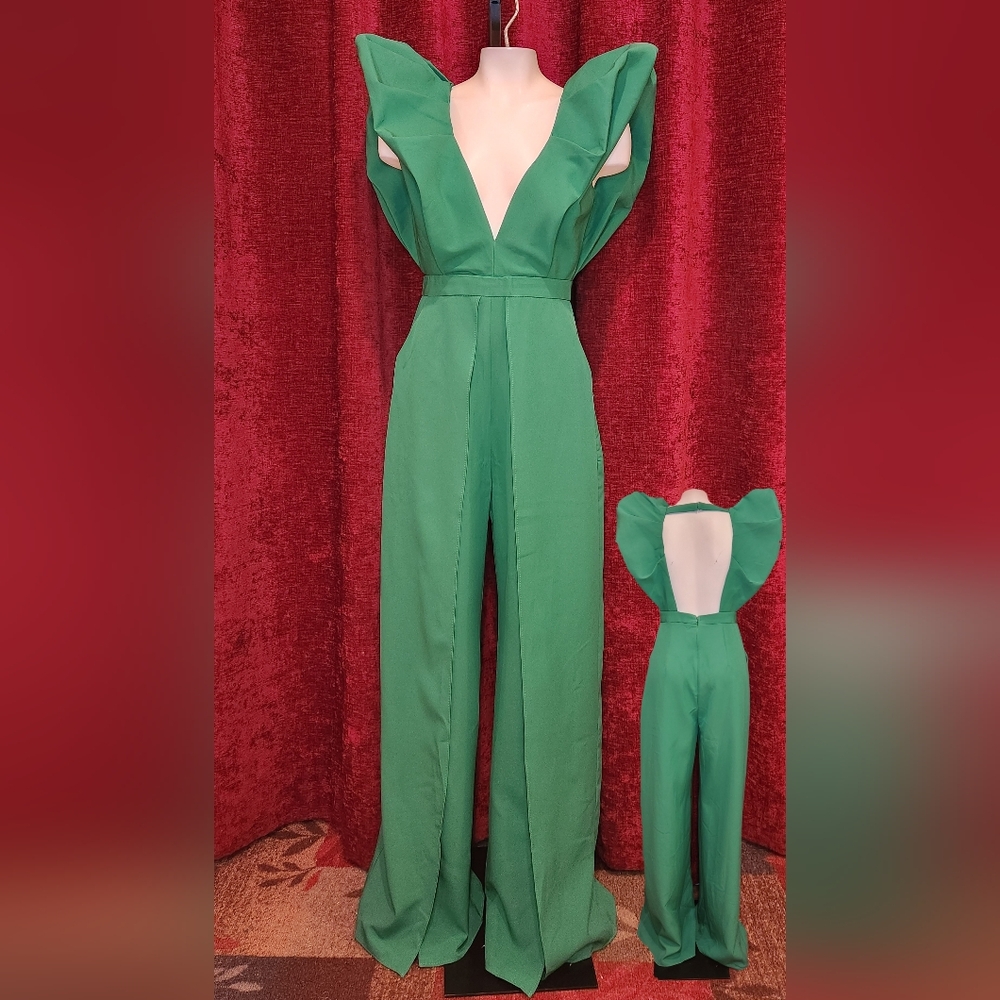 Luxxel Green Jumpsuit with Plunging V-Neck and Open Back